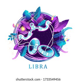 Vector illustration of magic horoscope sign Libra style of the 60s, bright hippie art isolated on white background
