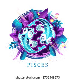 Vector illustration of magic horoscope sign Pisces style of the 60s, bright hippie art isolated on white background