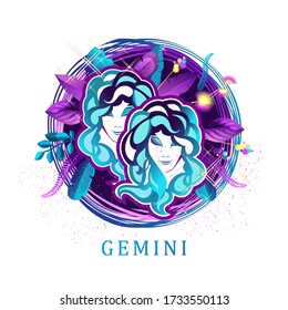 Vector illustration of magic horoscope sign Gemini style of the 60s, bright hippie art isolated on white background