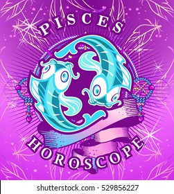 Vector illustration of magic horoscope sign Pisces style of the 60s, bright hippie art