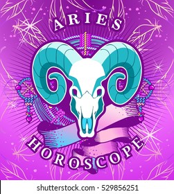 Vector illustration of magic horoscope sign Aries style of the 60s, bright hippie art