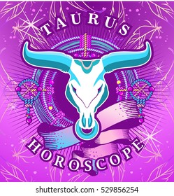 Vector illustration of magic horoscope sign Taurus style of the 60s, bright hippie art