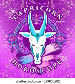 Vector illustration of magic horoscope sign Capricorn style of the 60s, bright hippie art