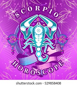 Vector illustration of magic horoscope sign Scorpio style of the 60s, bright hippie art