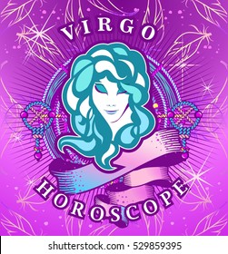 Vector illustration of magic horoscope sign Virgo style of the 60s, bright hippie art