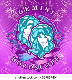 Vector illustration of magic horoscope sign Gemini style of the 60s, bright hippie art