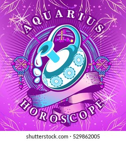 Vector illustration of magic horoscope sign Aquarius style of the 60s, bright hippie art