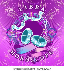 Vector illustration of magic horoscope sign Libra style of the 60s, bright hippie art