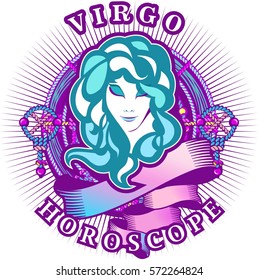 Vector illustration of magic horoscope sign Virgo style of the 60 s, bright hippie art