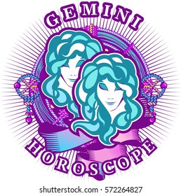 Vector illustration of magic horoscope sign Gemini style of the 60s, bright hippie art isolated on white background