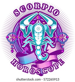 Vector illustration of magic horoscope sign Scorpio style of the 60 s, bright hippie art isolated on white background