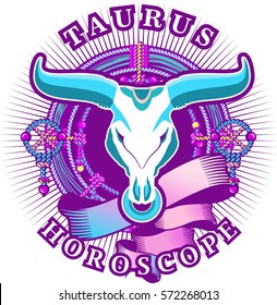 Vector illustration of magic horoscope sign Taurus style of the 60 s, bright hippie art isolated on white background
