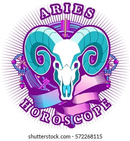 Vector illustration of magic horoscope sign Aries style of the 60 s, bright hippie art isolated on white background