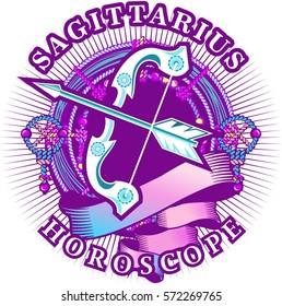Vector illustration of magic horoscope sign Sagittarius style of the 60 s, bright hippie art isolated on white background