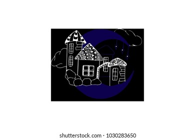Vector illustration. Magic houses on the moon. Blue moon. Night city.
