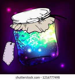 vector illustration magic jar with neon light inside and label for lettering, preservation, jam, hand drawing