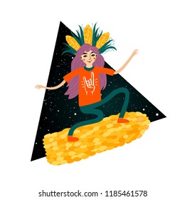 Vector illustration with magic long hair girl on the flying yellow corn. Funny halloween party poster, crazy colored print design