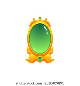 Ilustração vetorial de espelho mágico com vidro oval verde e moldura dourada. Vintage objeto com pedras preciosas é perfeito para o design de jogo. Plano de fundo isolado.