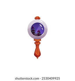 Ilustração vetorial de um espelho mágico em uma moldura redonda de metal e um punho de madeira - portal de fantasia. Acessório de vidro antigo em um fundo isolado. Design de jogos.
