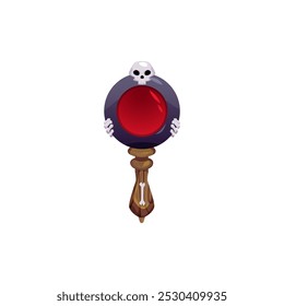 Ilustração vetorial de um espelho mágico em uma moldura redonda de metal, um crânio, uma alça de madeira e vidro vermelho. Acessório antigo é ideal para interface de jogo e Halloween. Plano de fundo isolado.