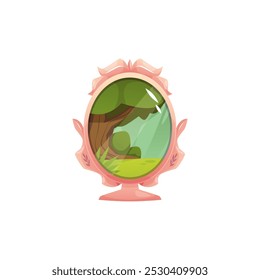 Vector illustration of a magic mirror reflecting a charming forest landscape in vintage cartoon style on a white background. The icon is perfect for games or decor.