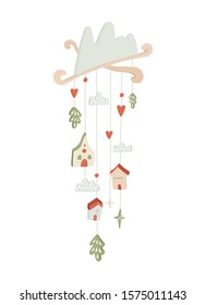 Vector illustration with magic mobile toy with houses in different colors and decorative clouds and elements. Fantasy winter toy cartoon illustration
