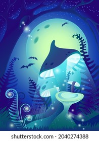 Vector illustration. Magic moon forest with bats. Glowing mushrooms on wood.