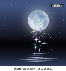 Vector illustration magic moon light over water at night