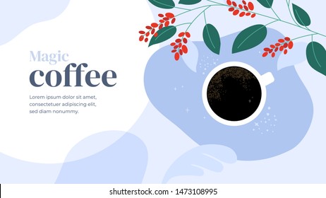 Vector illustration of magic morning with cup of fresh coffee. Black espresso. Branches of coffee tree with leaves and berry. Template for cafeteria, banner, landing page, website, blog, prints, flyer