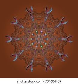 Vector illustration. Magic orange, gray and brown holiday abstract background with star and falling snowflakes. Christmas orange, gray and browns.