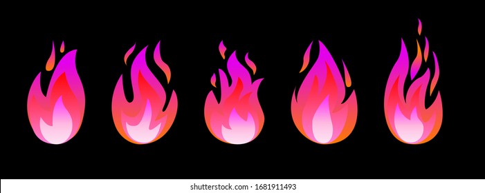 Vector illustration.Set of magic pink fire flame icons isolated on a black background. Energy concept. Perfect for web site page, mobile app, game design ,badge, poster,print, flyer. Flat Style.