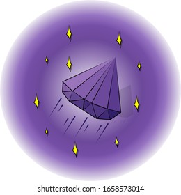 vector illustration magic planet crystal lilac flying in outer space with yellow stars on a white background