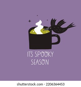 Vector illustration with a magic potion and a black crow. Vector print for Halloween day. Hand drawn illustration.