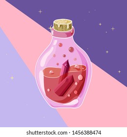 Vector illustration. Magic potion with crystals. Shades of pink colors background. Flat style. Great for posters, print, design for Halloween.