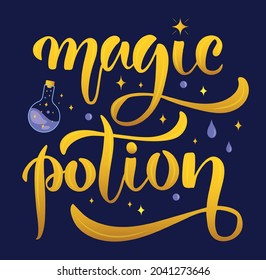 Vector illustration of Magic Potion text for website, label, banner, magazine, cover, template, poster, decoration, postcard. Magic Potion calligraphy background. Magic Potion lettering. EPS 10.