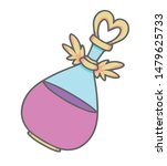 Vector illustration of a magic potion vial filled with purple liquid and heart shaped cap with wings