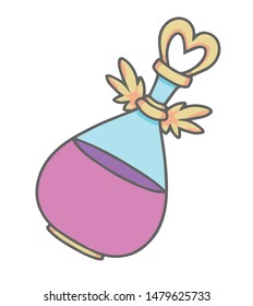Vector illustration of a magic potion vial filled with purple liquid and heart shaped cap with wings
