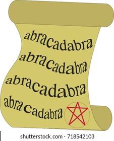 Vector illustration of magic scroll  with pentagram and abracadabra inscription isolated on white background. magic scroll icon or clip art.Can Be Used As Magical, Scrolled And Parchment Symbols.