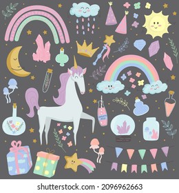Ilustración vectorial de un conjunto mágico con un unicornio y elementos mágicos: arcoiris, pociones, regalos, cristales, guirnaldas. Concepto de cuento de hadas para niños para tarjetas, invitaciones, camisetas
