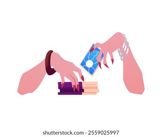 Vector illustration with magic tarot cards and female hands with long red nails. A cartoon-style symbol for predicting the future on a white background.