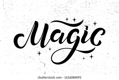 Vector illustration of Magic text for greeting card, invitation, flyer, poster. Hand sketched lettering Magic text. Black inscription on white background with texture. EPS 10