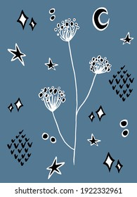 vector illustration magic twig with berries and pollen, dots, stars, moon and glitter. For fabrics, textiles, wallpapers, papers, backgrounds and inspiration