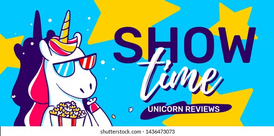 Vector illustration of magic unicorn eating popcorn and watching show in cinema glasses with horn on blue background with star and text. Line art design for unicorn poster, banner, web, site