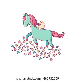 Vector illustration of magic unicorn. Flat line art design to make unicorn party poster, invitation, greeting card.