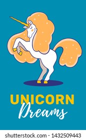 Vector illustration of magic unicorn with golden mane and horn reared up on dark background with text. Line art style design to make unicorn party poster, invitation, greeting card