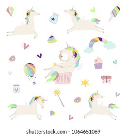 Vector illustration of magic unicorn set. Collection of fairy horse isolated on white background. Cartoon doodle style of different cute details.