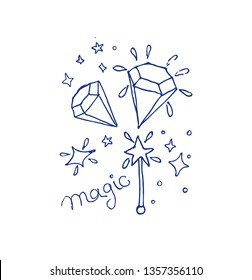Vector illustration of Magic wand, magic crystals, stars and inscription Magic.  Line art contour illustration of dreamers.