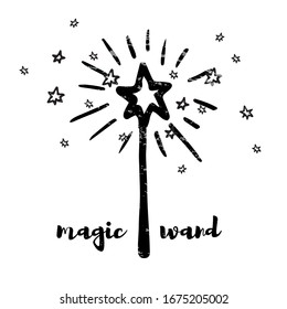 Vector illustration of magic wand for decoration, card, poster, invitation, site, icon. Graphic elements for kid’s, candy, textile and fashion shop.