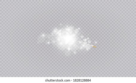 Vector illustration of magic wand. Isolated on white transparent background. Miracle magician wand magical stick with sparkle magic lights