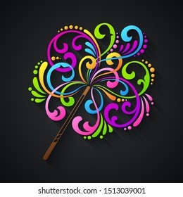 Vector illustration Magic wand - symbol, icon, design element. Abstract Ornamental pattern magic wand with colorful swirls and splash spells isolated on black background